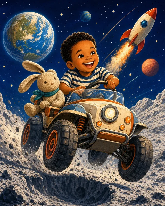 Noah and Milo racing across the Moon in a bold comic style