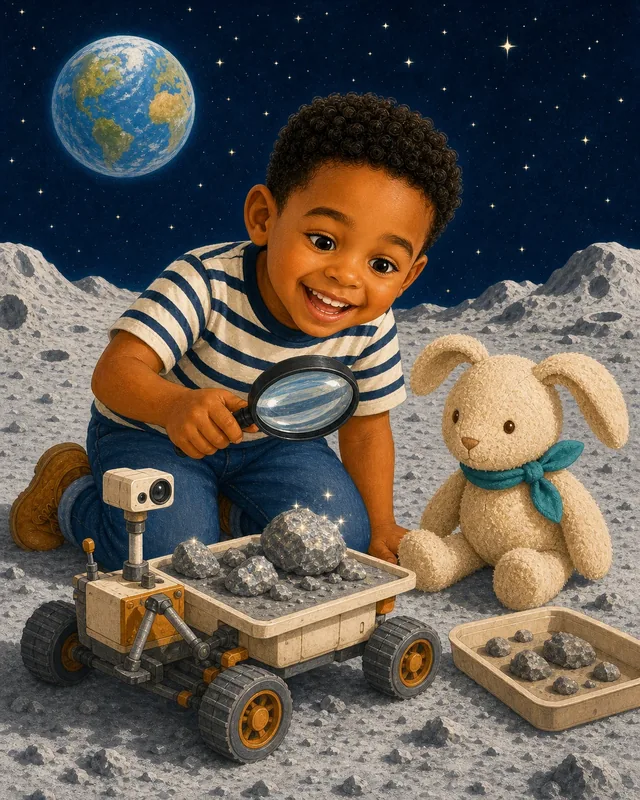 Noah and Milo discovering Moon rocks in an educational illustration