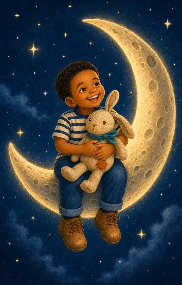 Noah and Milo in a warm, softly painted Moon storybook scene