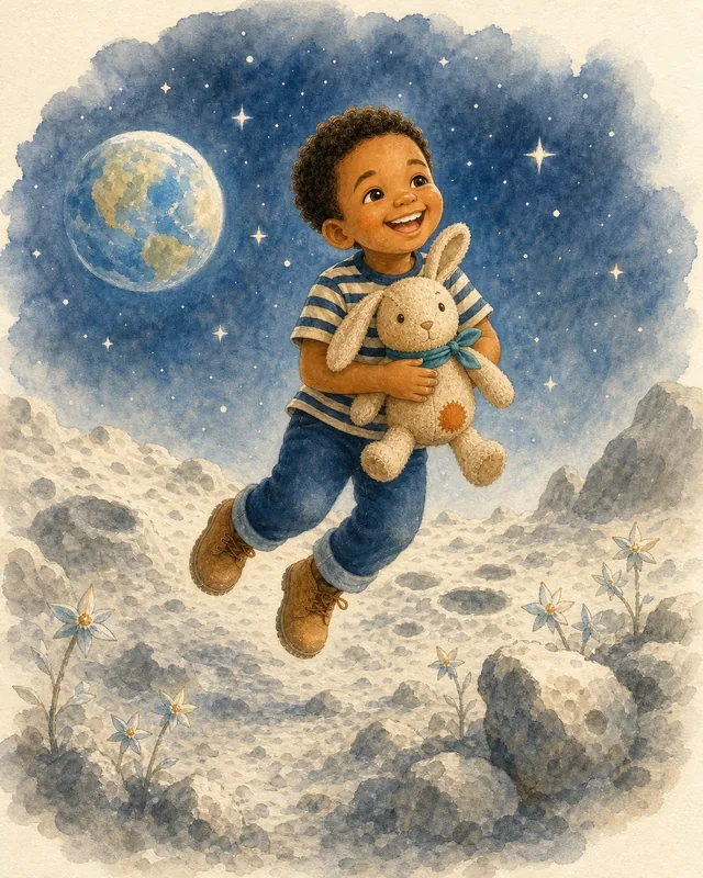 Noah and Milo exploring a gentle watercolour Moon garden